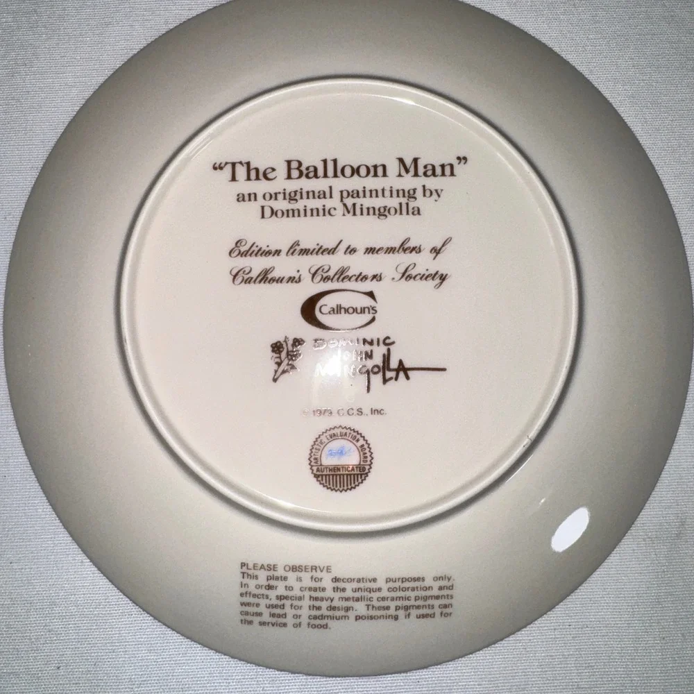 Dominic Mingolla The Balloon Man Collector Plate‎ Calhoun's Society 1979 Vintage